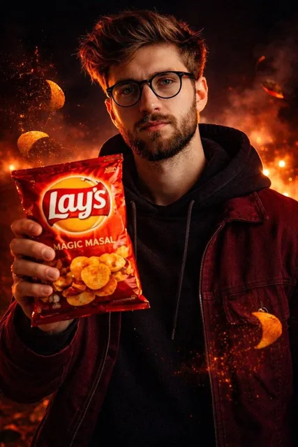 A cinematic, ultra-realistic advertising shot of a man holding a Lay’s [FLAVOR NAME] chips packet in his hand.