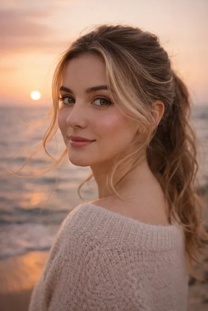 A close-up profile shot of a beautiful, cute young woman, standing slightly sideways and gently turning her face toward