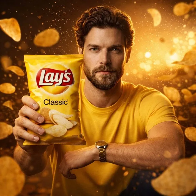 A cinematic, ultra-realistic advertising shot of a man holding a Lay’s [FLAVOR NAME] chips packet in his hand.