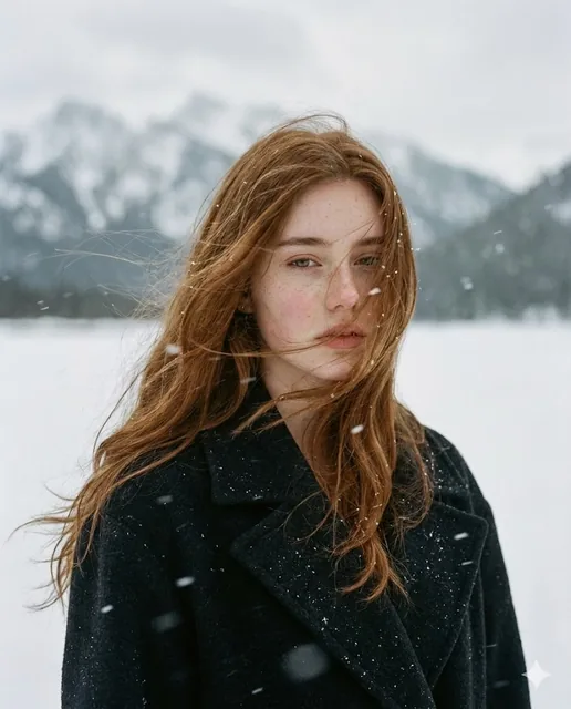 A poetic cinematic portrait of a young woman standing alone in a vast snowy landscape, surrounded by distant frost-cover