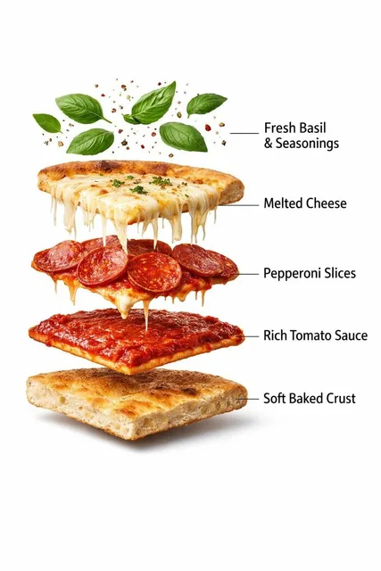 - Ultra-realistic prepared pepperoni pizza slice, fully assembled, gooey melted mozzarella cheese stretching and drippin