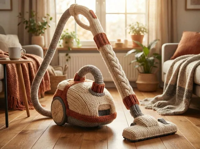 An [OBJECT] rendered as if entirely hand-knitted from chunky wool yarn, impossibly functional-looking despite being soft