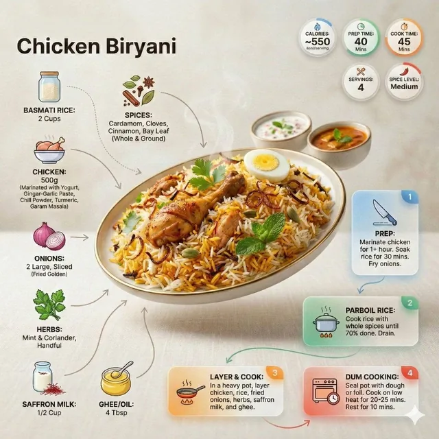 Ultra-clean modern recipe infographic. Showcase briyani in a visually appealing finished form—sliced, plated, or portion