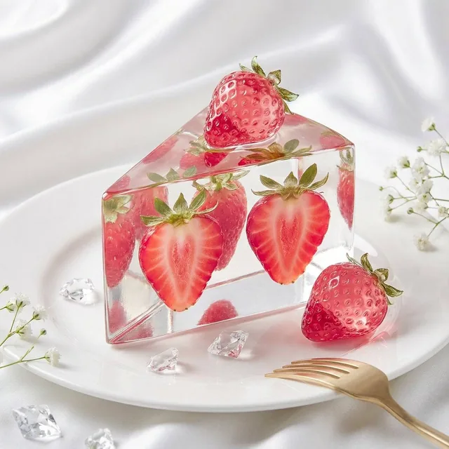 Create a luxury fashion-editorial still life of a sharp triangular prism cake slice made of hard crystal-clear glass-lik