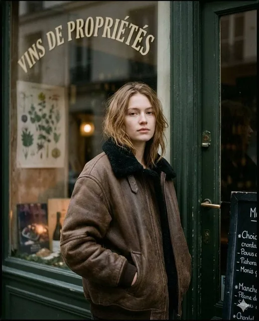 Ultra-realistic moody Paris street editorial portrait, shot outside a vintage shopfront at dusk/overcast twilight, film-