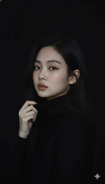Moody cinematic portrait of a young woman with clear fair skin and barely-there makeup, warm natural lips. Loose dark br
