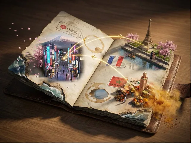 Epic 3D scene: a weathered passport lies open, its visa stamps erupting into the destinations they represent. Each ink i