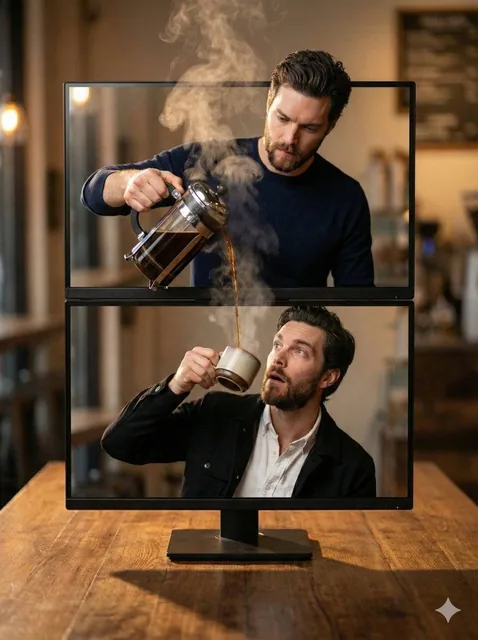Hyper-realistic 8K cinematic artwork with two vertically stacked computer monitors (one on top of the other) on a wooden