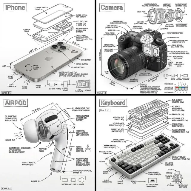 Create an infographic image of [OBJECT], combining a realistic photograph or photoreal render of the object with technic