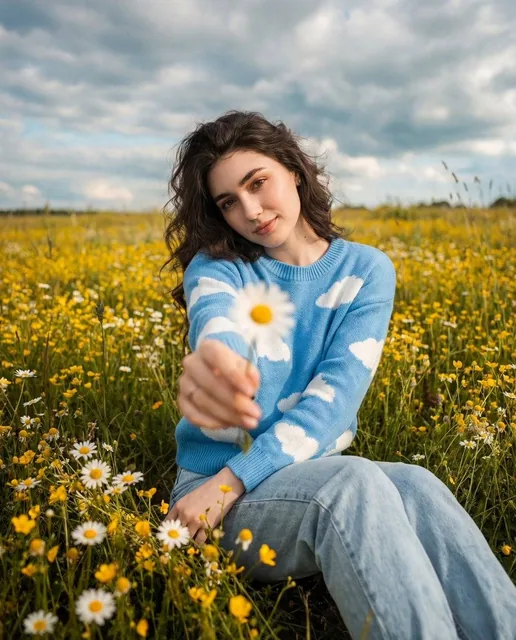cinematic, wide-angle portrait of her sitting in a wildflower field during the day. She leans slightly forward, extendin