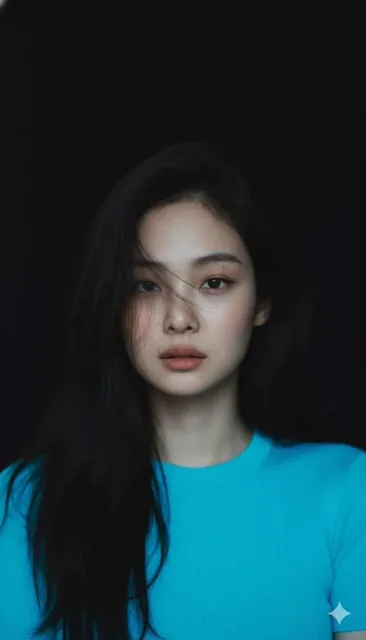 Create Moody cinematic portrait of a young woman with clear fair skin and barely-there makeup, warm natural lips. Loose