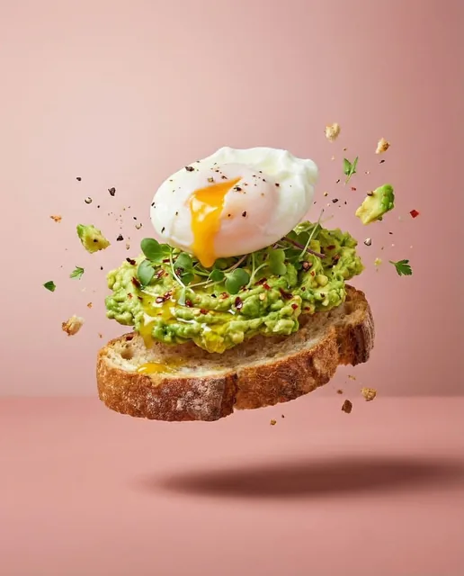 Professional studio food photography series featuring deconstructed dishes in high-speed levitation. Against a seamless