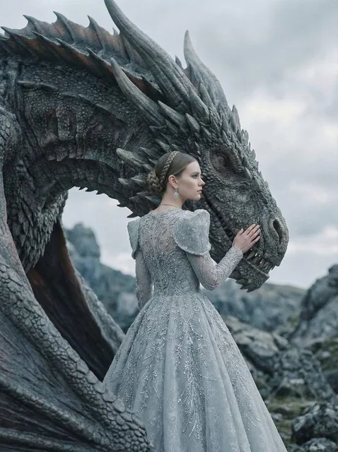 Luxury fashion editorial portrait of a woman standing beside a majestic dragon, her forehead gently resting against its