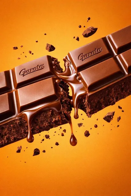 Use the uploaded product image as reference. Create an ultra-realistic commercial image of a Garoto chocolate bar. Show