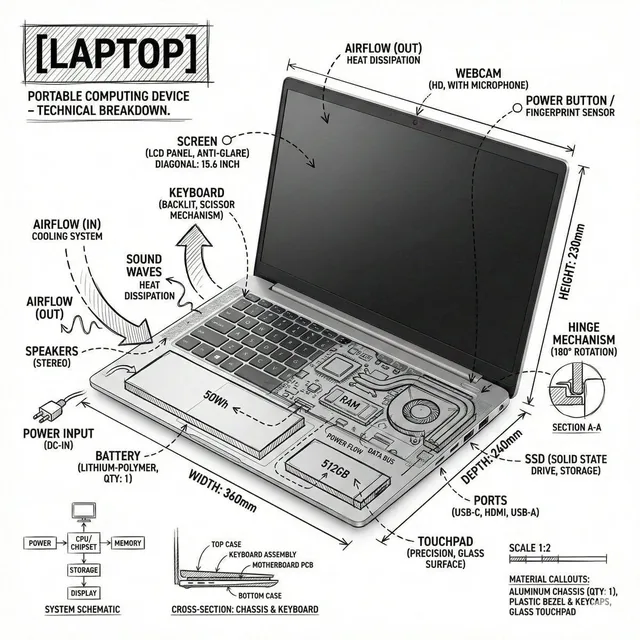 Create an infographic image of laptop ,combining a realistic photograph or photoreal render of the object with technical