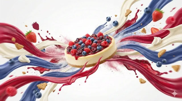 Dynamic flavor wave composition of [FOOD], with colorful energy ribbons, mist, and motion streaks bursting outward to re