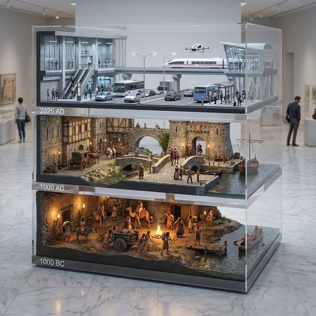 Cinematic, hyper-realistic. A stacked depth composition of ultra-detailed 16K 3D-scanned transportation evolving over ti