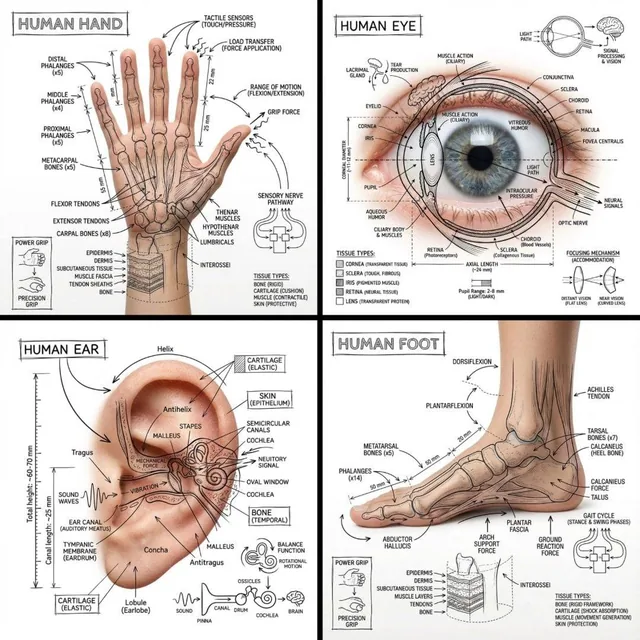 Create an infographic image of [BODY PART], combining a realistic photograph or photoreal render of the object with tech