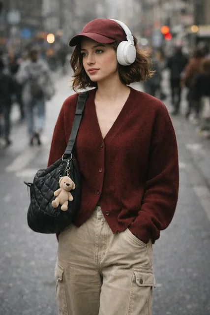 A high-quality, candid street photography shot of a stylish young woman with short wavy brown hair. She is wearing a mar