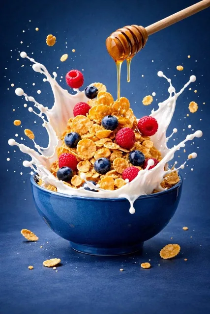 Ultra-premium cinematic food photography of a single floating bowl with ingredients like liquids and solids suspended mid-air in a high-speed moment, studio lighting.