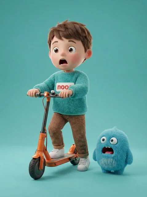 A high-quality 3D render of a cute young boy riding an orange electric scooter next to a small, round, furry blue monste