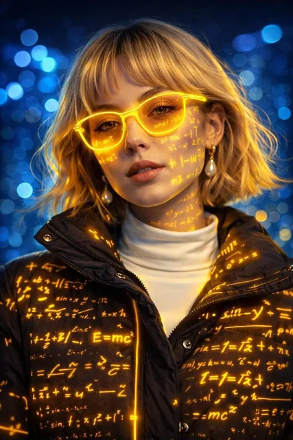 A futuristic cyber-aesthetic portrait of a young woman wearing glowing neon-yellow glasses, with luminous mathematical e