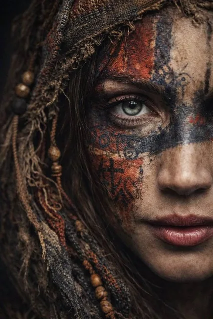 A dramatic ultra-realistic portrait of a woman shown in extreme close-up, only half of her face visible. Her skin is pai