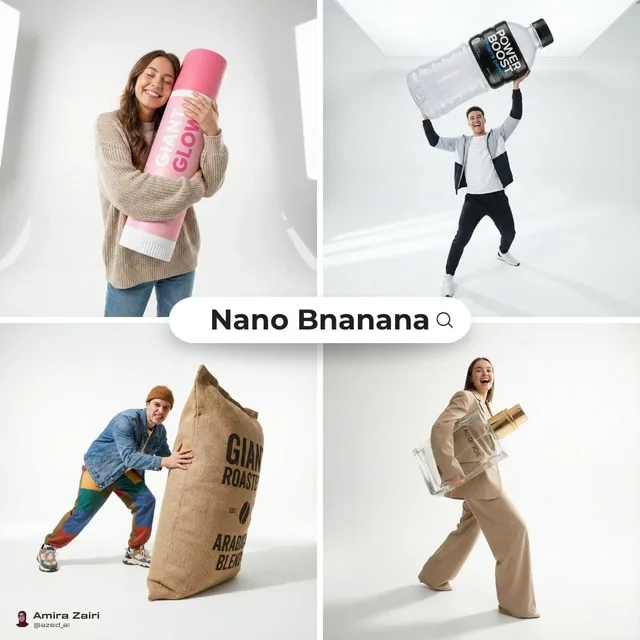 [person], [pose], oversized product in the attached image as the main hero prop, playful fun energy, fashion editorial s