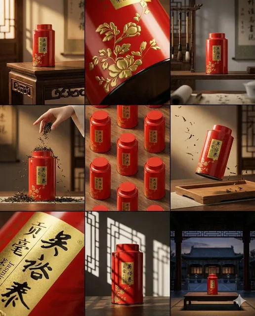 A 3x3 grid of nine images presenting a red tea tin in various artistic compositions, highlighting texture, interaction, and environment for a high-end branding portfolio.