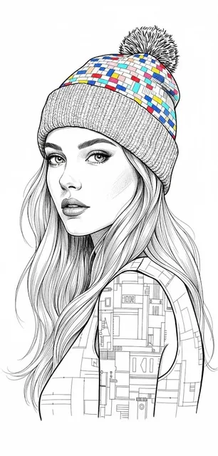Ultra-detailed black and white ink illustration of a young woman in 3/4 profile, looking slightly to the left, fine pen-