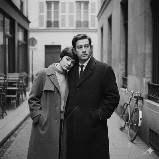 A French New Wave–style minimalist lovers scene, black and white, 1950s–1960s European cinema tone. A couple standing cl