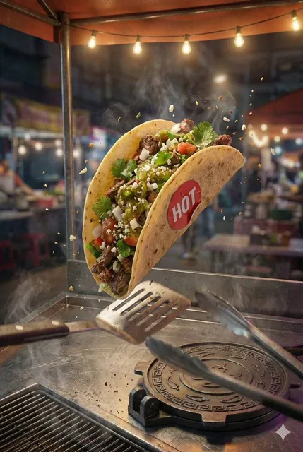 Generate a '2:3' hyper-realistic, high-resolution poster featuring the attached taco image. Adjust its perspective if ne