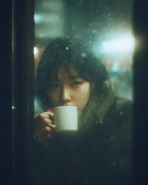 A cinematic, moody photograph of a young woman sitting inside a café at night, seen through a rain-covered window. Raind