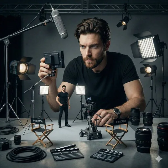 Ultra-realistic cinematic studio scene of a woman supervising a miniature behind-the-scenes film set starring her tiny s