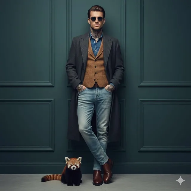 A cinematic fashion portrait of a stylish man leaning against a dark teal paneled wall, wearing a charcoal long overcoat