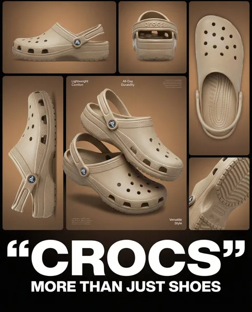 Multi-image product collage poster featuring beige/tan Crocs clog shoes, designed as a modern footwear advertisement.
