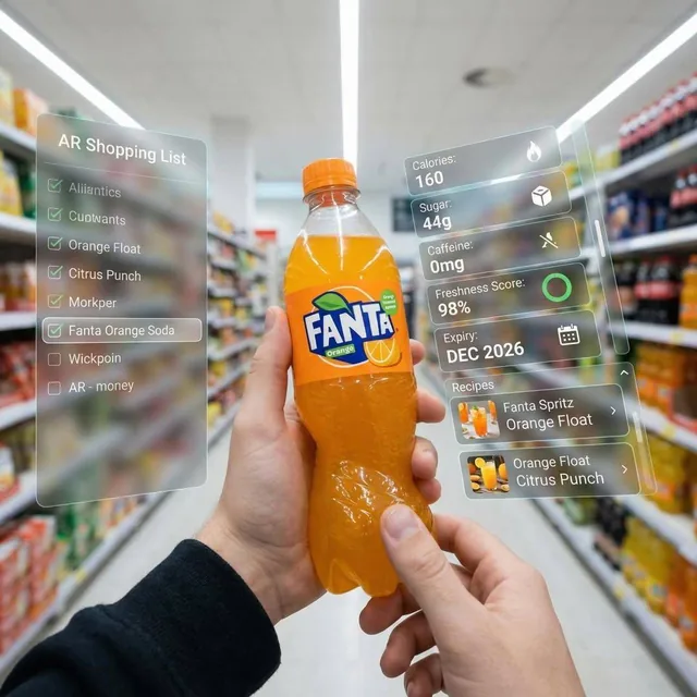 First-person perspective inside a brightly lit supermarket aisle. Realistic human hands are holding a bottle of Fanta so