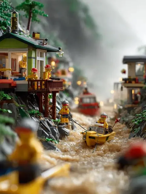LEGO mountain flood rescue scene, torrential rain causing river overflow in a LEGO mountain village, rescue boats and ro