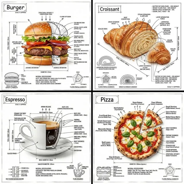 Create an infographic image of [FOOD], combining a realistic photograph or photoreal render of the object with technical