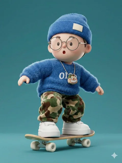 A high-fidelity 3D character render of a cute, stylized boy skateboarding in a dynamic pose. The boy has 'chibi' proport