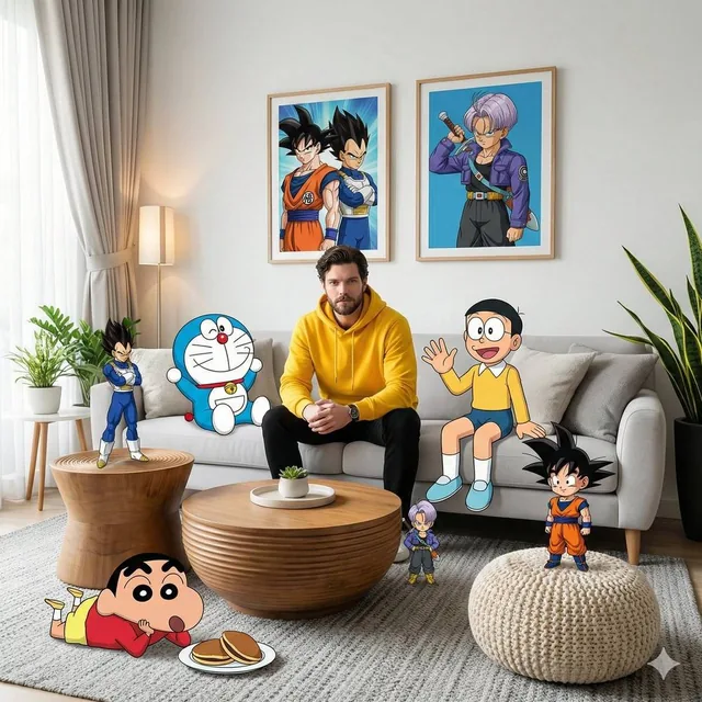 - A high-fidelity, wide-angle interior shot captures a surreal, mixed-media composition within a modern living room. It