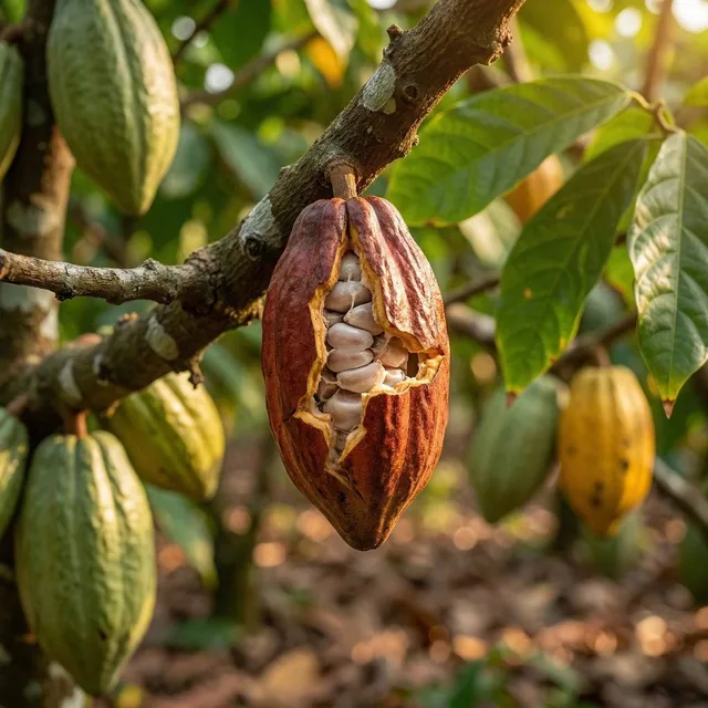 High-quality realistic commercial shot of a cocoa plantation in landscape orientation, cocoa tree as background, one coc
