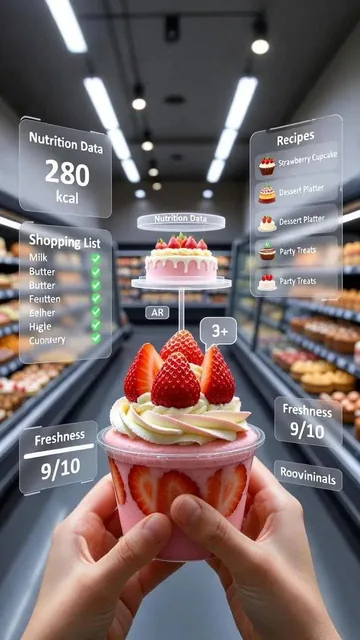 A first-person point-of-view (POV) shot inside a modern supermarket aisle. The viewer's hands are holding a mixed fruit