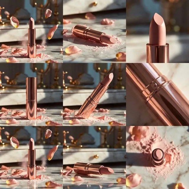 Elegant rose-gold lipstick standing upright on a reflective marble surface, surrounded by flying rose petals and soft po