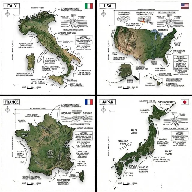 Create an infographic image of [COUNTRY], combining a realistic photograph or photoreal render of the object with techni
