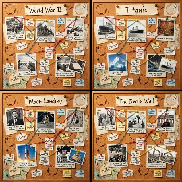 1080x1080 cork-board layout telling the story of [HISTORICAL MOMENT]. At the very top of the board, include a pinned pap