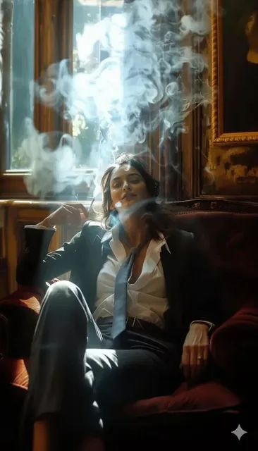 ​A high-definition cinematic portrait of a sophisticated woman sitting in a plush, velvet burgundy armchair within a sun