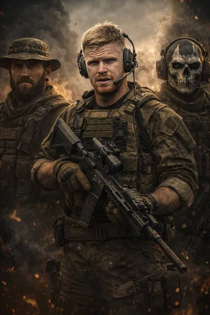 A hyper-realistic, cinematic 9:16 portrait of a modern military squad lineup. In the middle stands, wearing tactical com