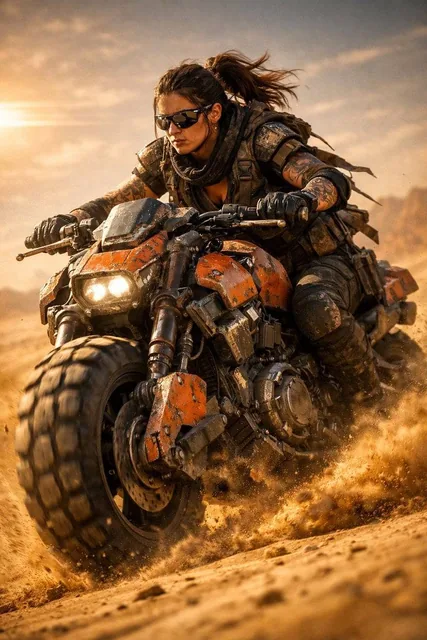 Use the uploaded picture to create a cinematic sci-fi scene of a fierce futuristic biker riding a heavy armored motorcyc