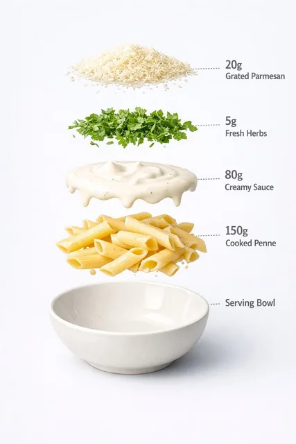 Ultra-realistic food photography of a prepared creamy white sauce penne pasta served in a minimal ceramic bowl. Perfectl